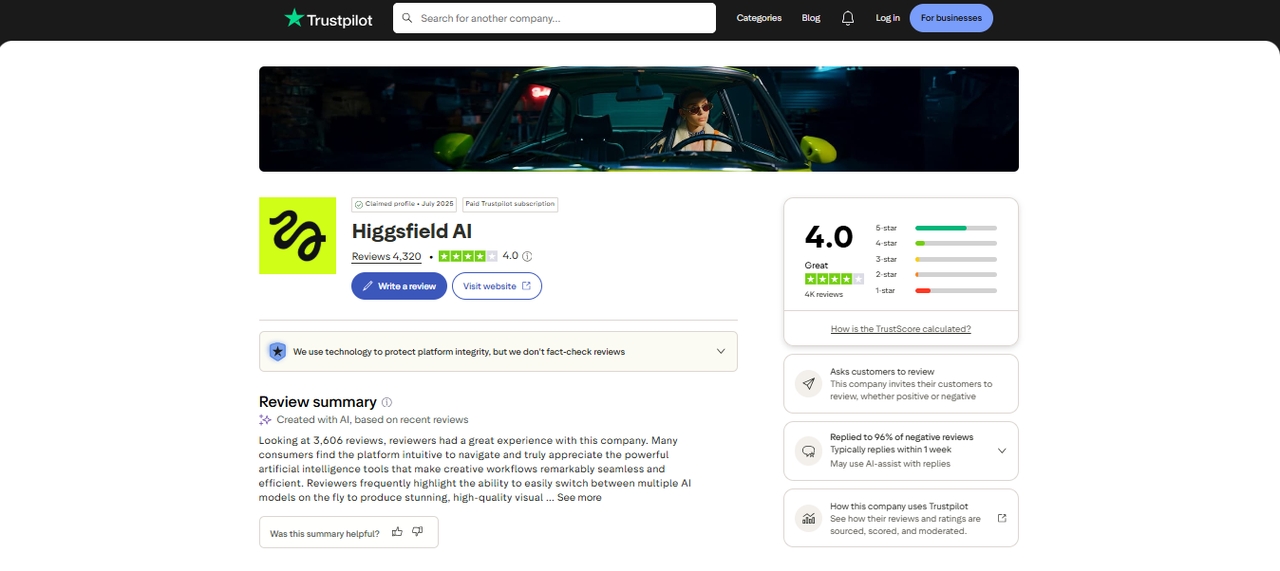 مراجعات Higgsfield على Trustpilot