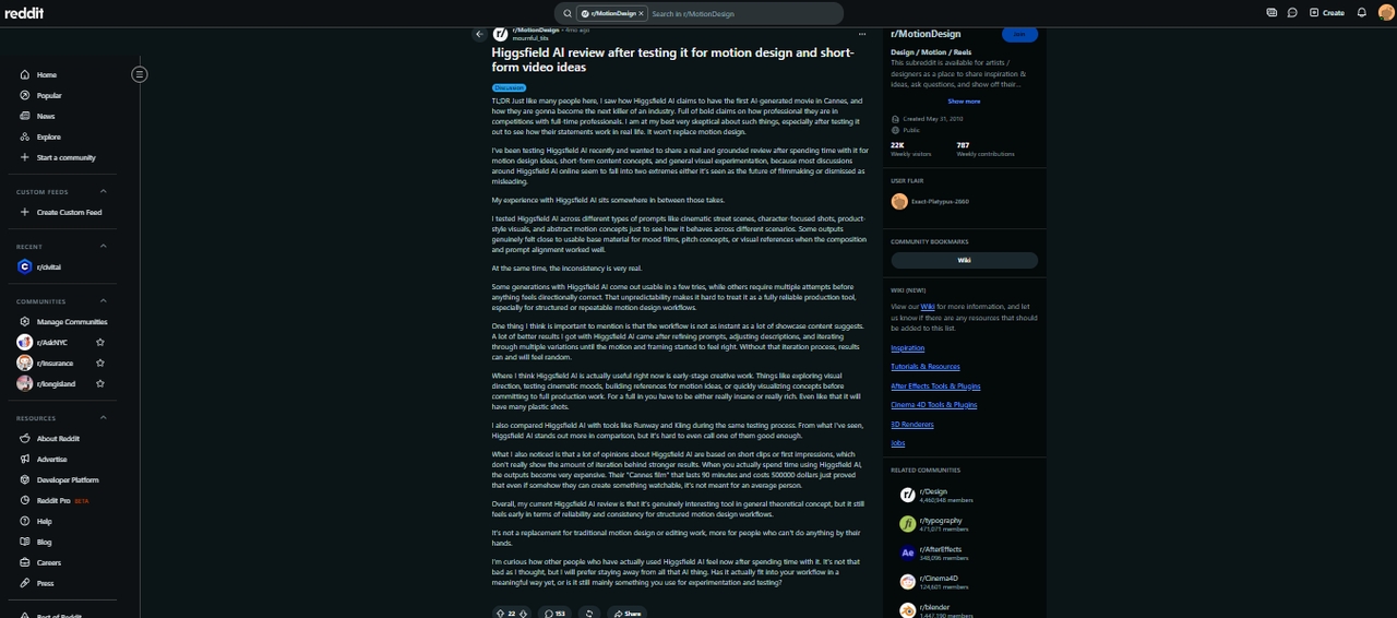 مراجعات Higgsfield على Reddit