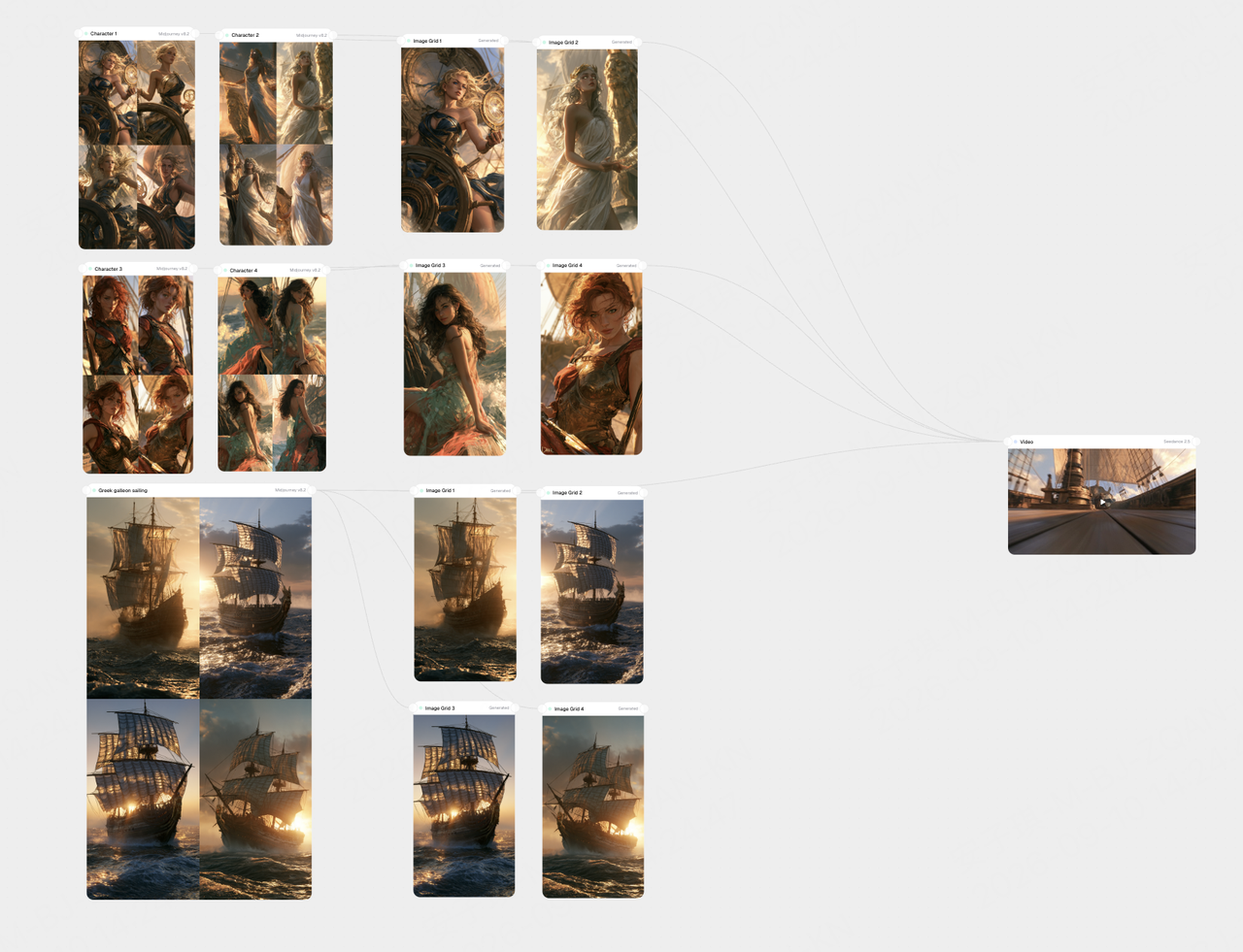 Midjourney V8.2 first frames connected to Seedance 2.5 for a multi-character ship transition video