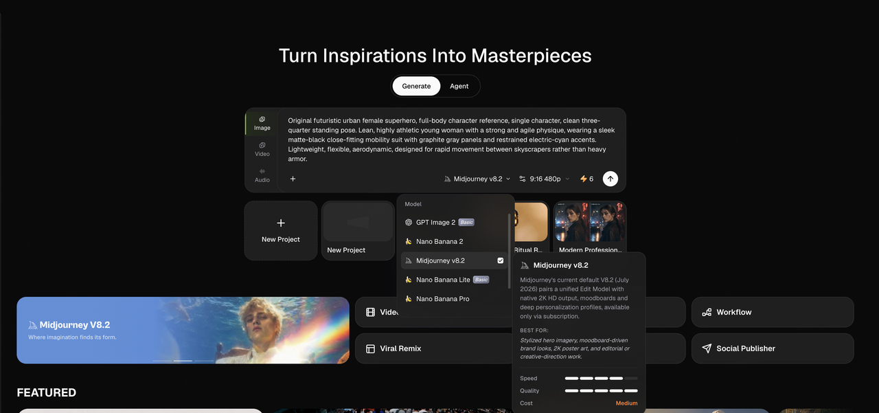 Selecting Midjourney V8.2 in Framia and setting the prompt and aspect ratio
