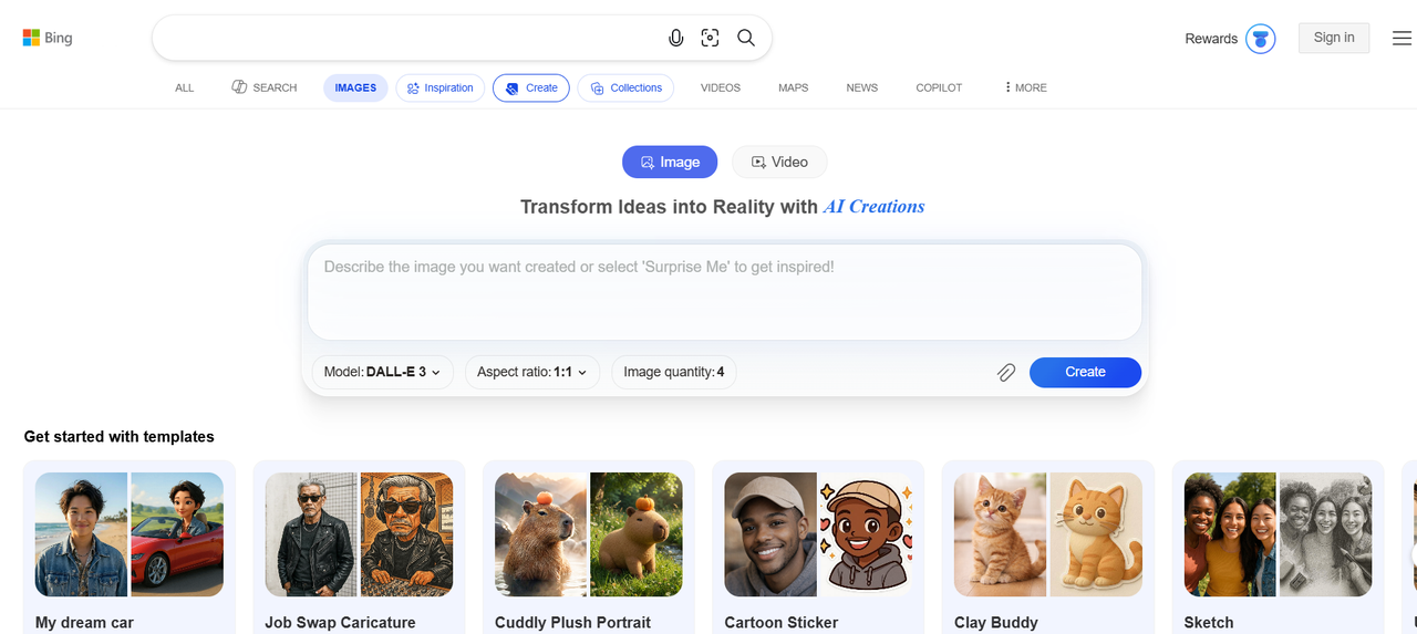 Bing AI image creator interface
