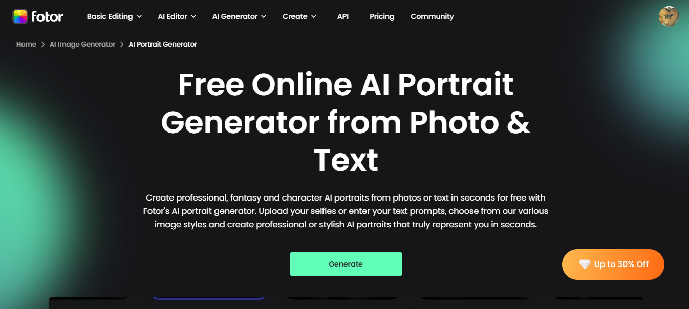 Generador Fotor AI Portrait para incorporarte en un generador de imágenes de IA
