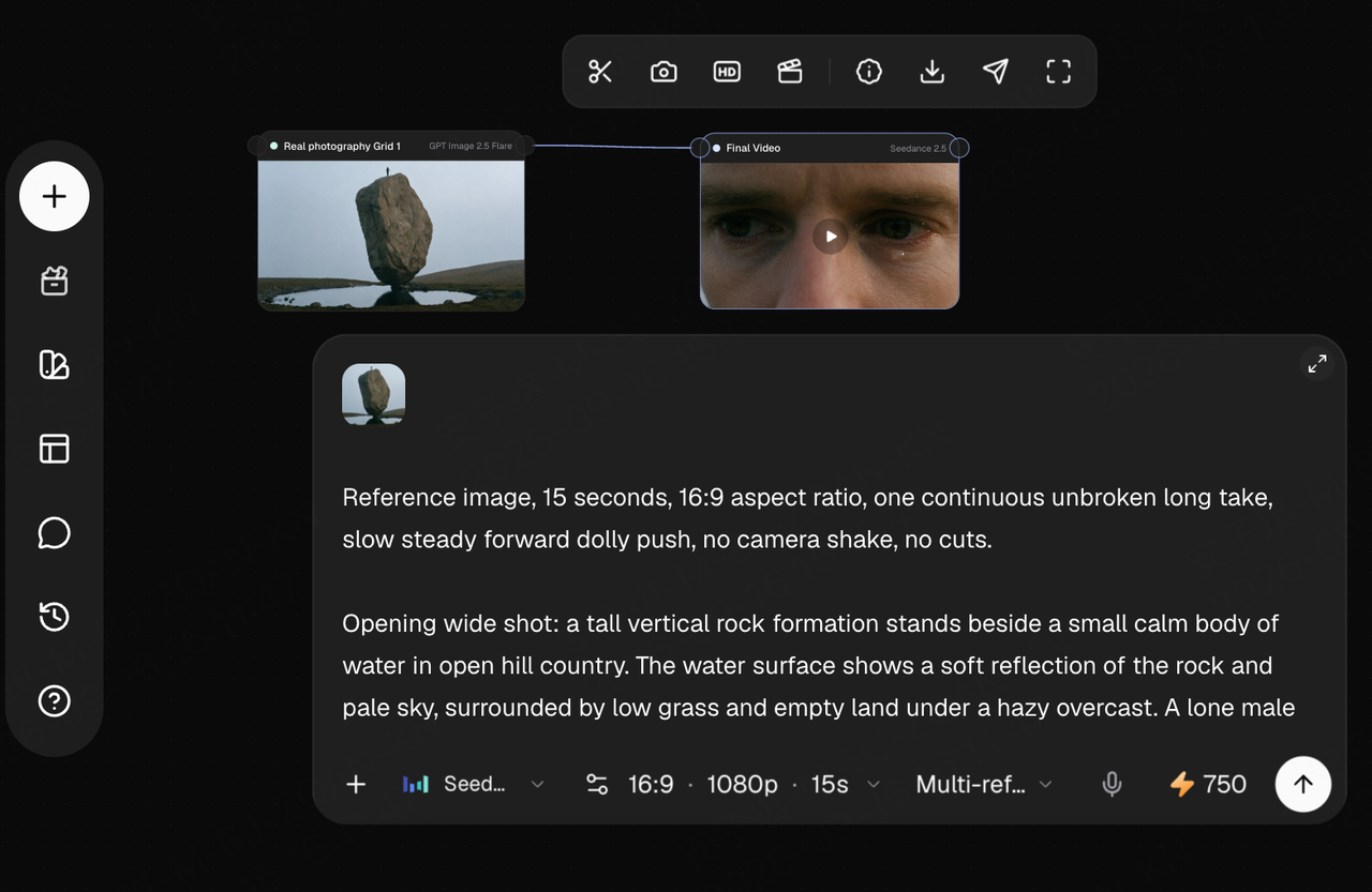 Connect the selected image to video generation, add the motion prompt, and preview the result in Framia