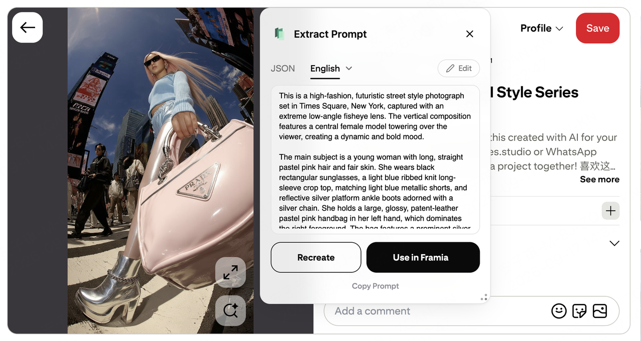 Review the extracted prompt, then click Use in Framia to continue creating