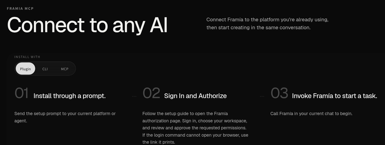 Plugin, CLI, and MCP setup options on the product page; Plugin is selected.